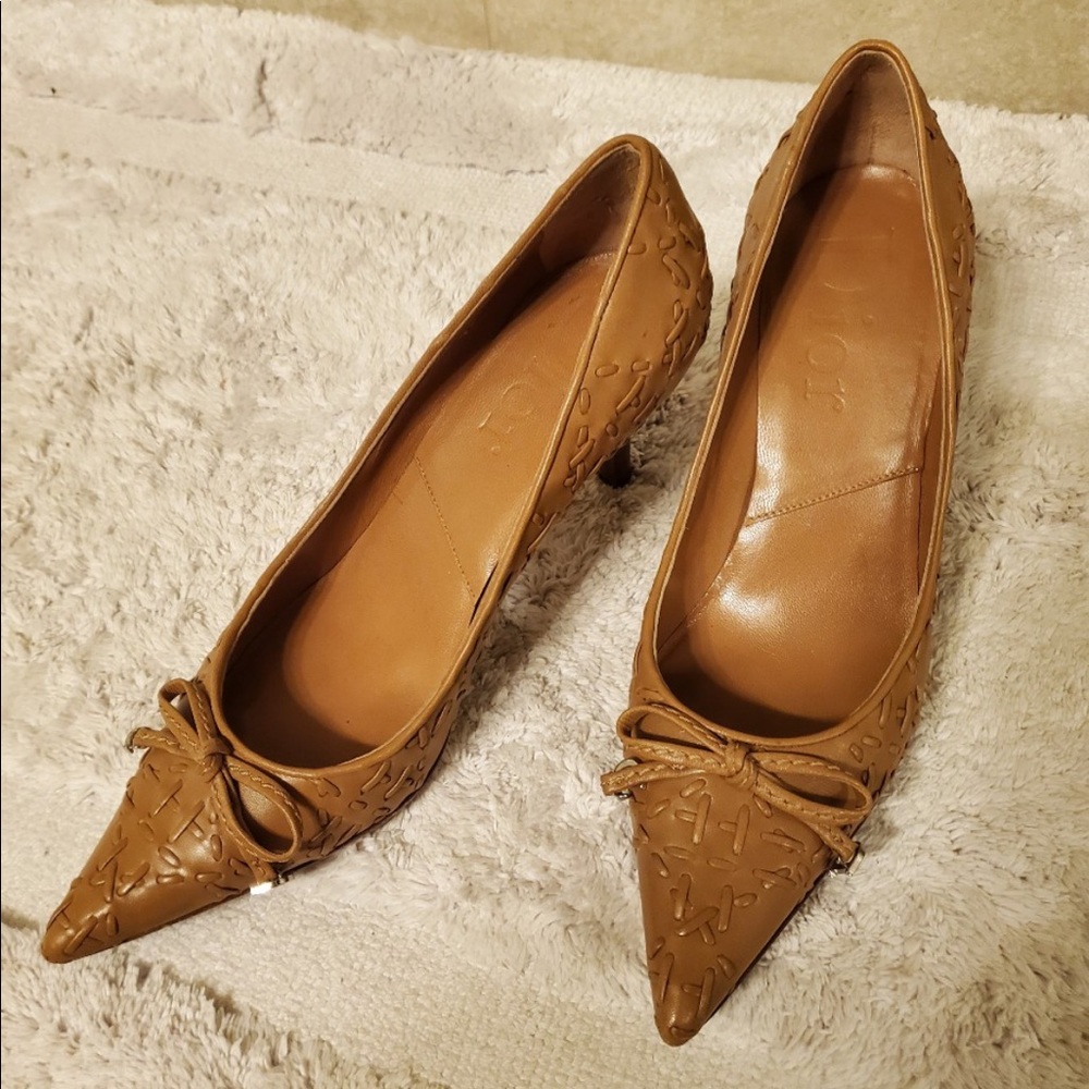 Dior Camel Colored Pumps with weave detail.